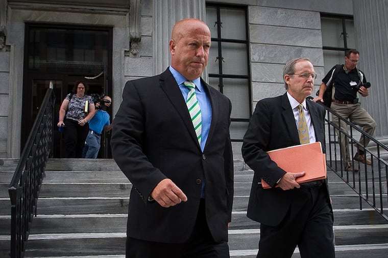 Patrick Reese (left) outside Montgomery County Courthouse with his attorney, William Fetterhoff. Prosecutors say Reese was part of plans by Kathleen G. Kane to embarrass enemies. (ALEJANDRO A. ALVAREZ / Staff Photographer)