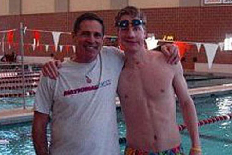 Matt Miller, his tracheotomy tube removed, hits the pool for the first time with his old coach, Mark Bernardino, just three months after the accident.