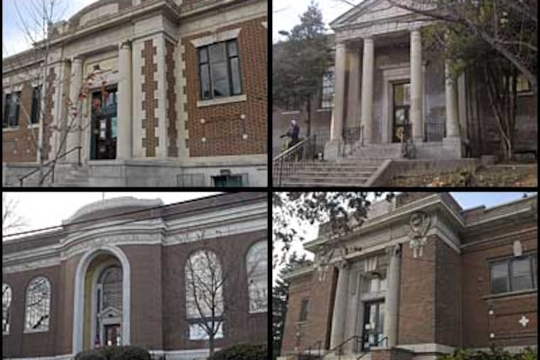 Four of the 11 libraries the city has slated for closure at the end of this month were constructed by Andrew Carnegie's library project in the early years of the last century. They include (clockwise from top left): the Kingsessing, Logan, Haddington and Holmesburg branches. (APRIL SAUL / STAFF PHOTOGRAPHER)