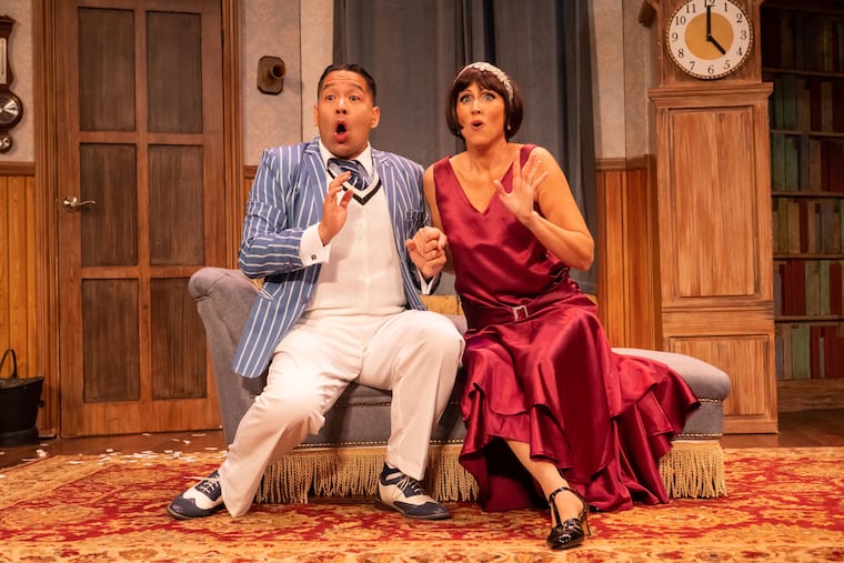 Justin Jain and Karen Peakes in "The Play That Goes Wrong" with 1812 Productions. Photo credit: John Flak.
