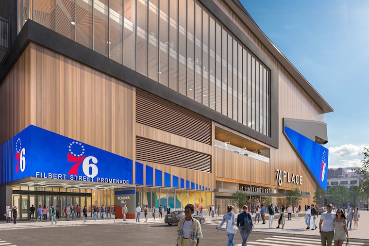 An artist's conceptual drawing of the new Sixers arena, viewed from 11th and Filbert Streets. The project must be a strong urban asset catalyzing the redevelopment of Market East, Harris M. Steinberg writes.