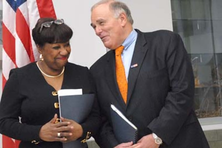 Superintendent Arlene Ackerman, seen here talking to Gov. Ed Rendell at an event in March, had her five-year strategic plan approved by the SRC in April. (April Saul / Staff / File )