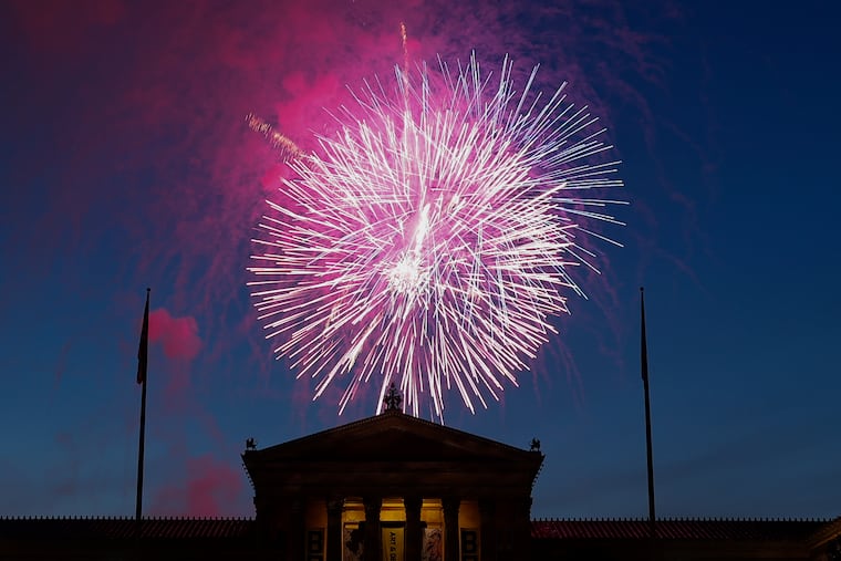 Fireworks over the Philadelphia Museum of Art along the Benjamin Franklin Parkway on Friday, July 4, 2025.