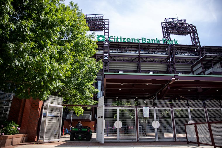 One of the gates to Citizens Bank Park, the home stadium of what looks to be a much different Phillies organization.
Michael Russo, of Center City Philadelphia, Landscaping crew, drives through the open gate at Citizens Bank Park on Wednesday, June 24, 2020.