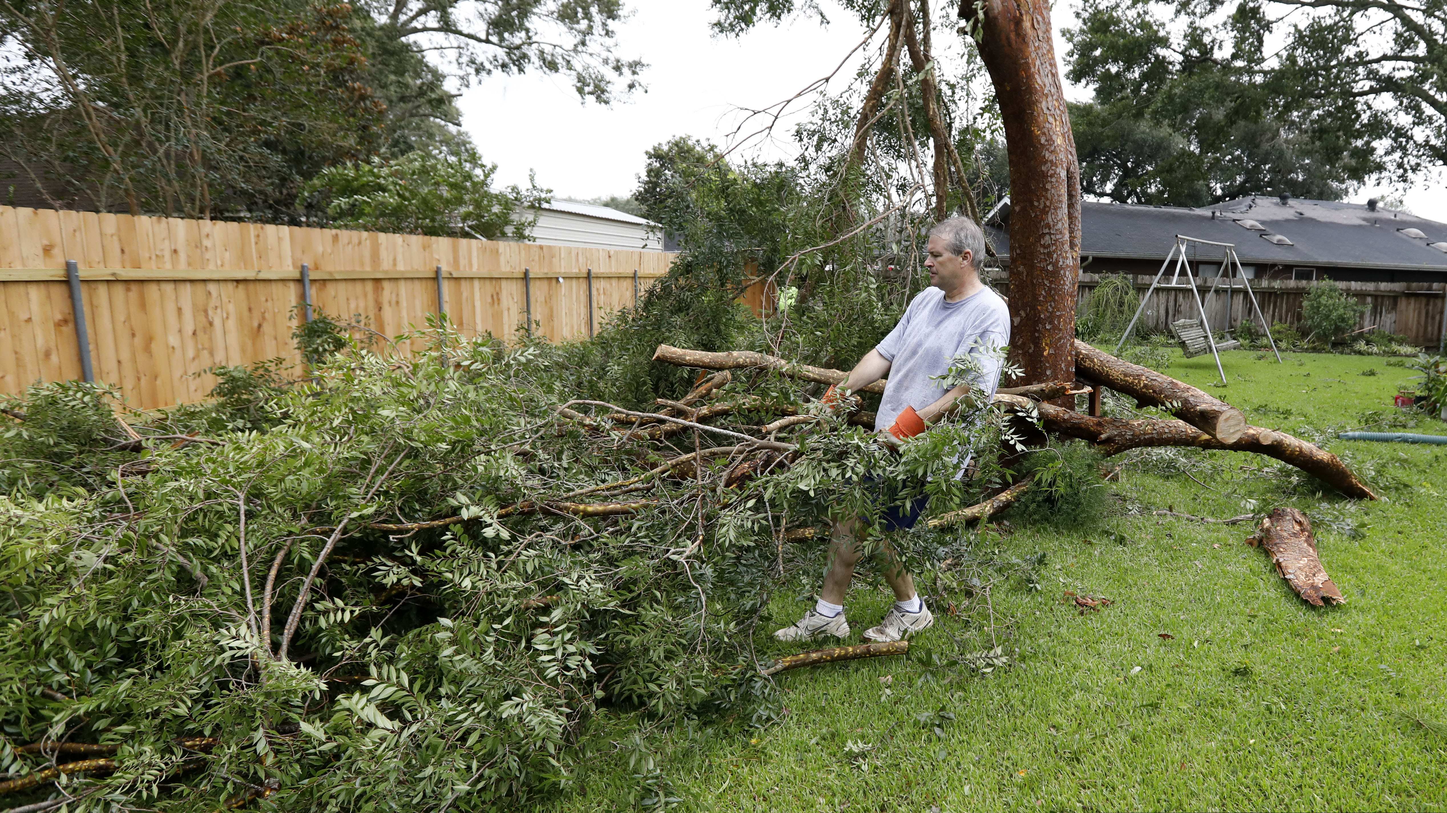 Steve Bergeron collects downed branches from a Tropical Storm Barry damaged backyard tree, Sunday, July 14, 2019, in Morgan City, La. Bergeron and his wife, Lois Bergeron, far background, spent much of their Sunday morning cleaning up tree limbs, clumps of leaves and other storm debris.