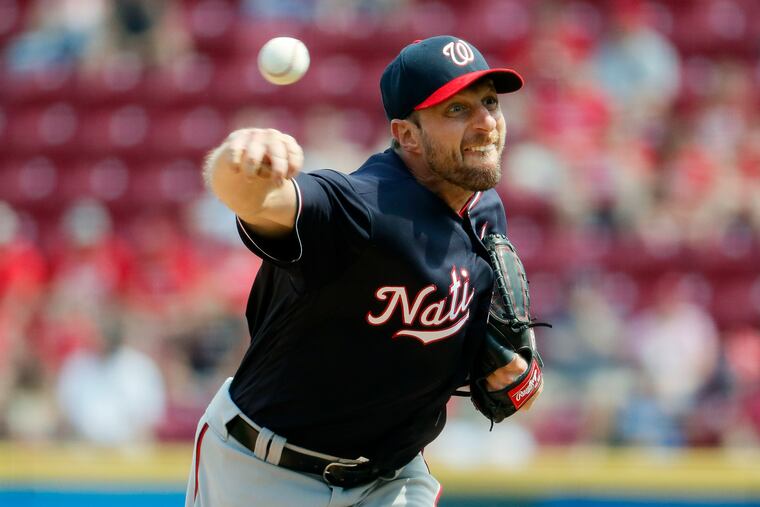 Washington Nationals starting pitcher Max Scherzer throws in the eighth inning of a baseball game against the Cincinnati Reds, Sunday, June 2, 2019, in Cincinnati. (AP Photo/John Minchillo)