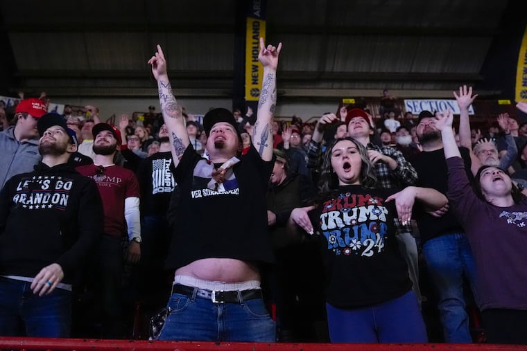 Supporters cheer as Republican presidential candidate former President Donald Trump speaks at the National Rifle Association's Presidential Forum in Harrisburg on Friday, Feb. 9, 2024.