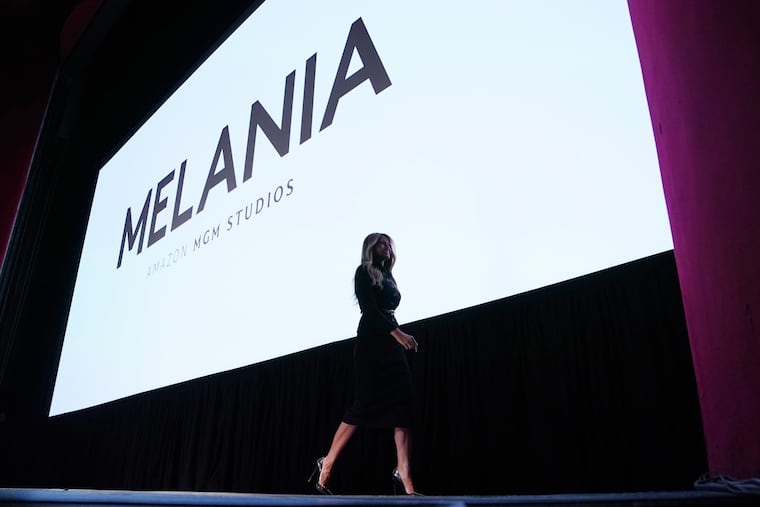 First lady Melania Trump walks from the stage Thursday after speaking before the premiere of her movie “Melania” at The John F. Kennedy Memorial Center For The Performing Arts.