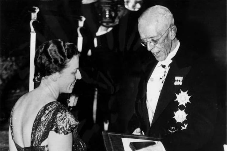 Pearl S. Buck receives the Nobel Prize for Literature from Sweden's King Gustav V in December 1938.