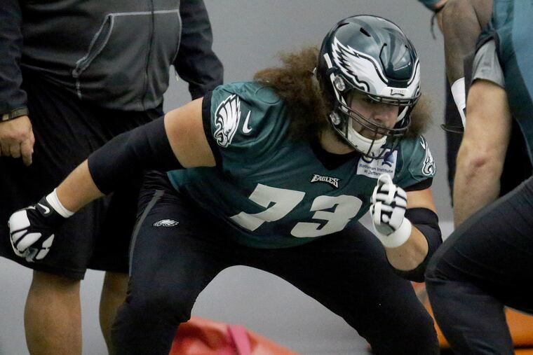 Eagles offensive lineman Isaac Seumalo (73) runs a drill during practice at the NovaCare Complex in South Phildaelphia on Thursday, Jan. 10, 2019. The Eagles play the New Orleans Saints in the second round of the playoffs on Sunday.