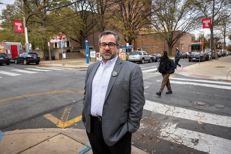 Jeffrey Doshna, an associate professor and president of the Temple Association of University Professionals, at intersection of North13th and Norris Streets on Temple University campus. He thinks the university should have somehow noted student Samuel Collington's murder in its crime report.