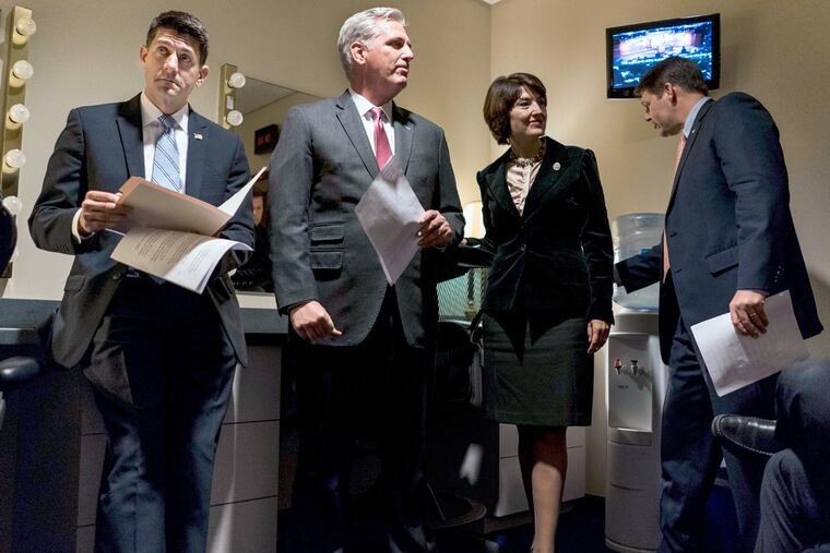 House Speaker Paul Ryan (from left), House Majority Leader Kevin McCarthy, and Rep. Cathy McMorris Rodgers hold a news conference Tuesday on the House tax plan.