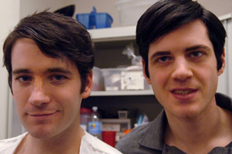 Playing twins: Colin Donnell (left), Michael Esper. Esper's makeup is done; Donnell, with new nose bridge, also gets fuller lips and bigger hair.