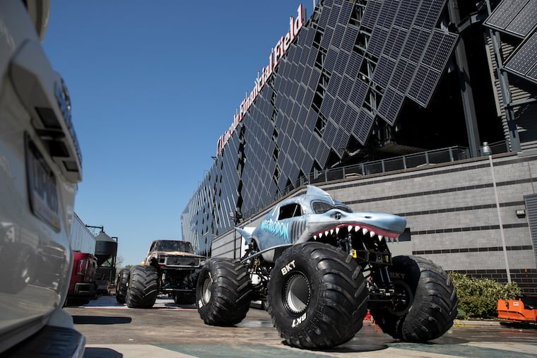 Foam teeth line the front of the Megalodon monster truck during at for Monster Jam at Lincoln Financial Field in Philadelphia, Pa. on Thursday, April 13, 2023. Monster Jam returns to Philadelphia on Saturday at 7pm. Attendees can meet the monster truck drivers and get a close up view of the trucks at the Pit Party starting at 2:30pm on Saturday.