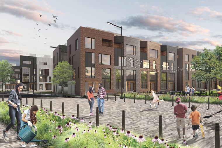 Artist's rendering of townhomes lining central public area at planned Beach Street development.