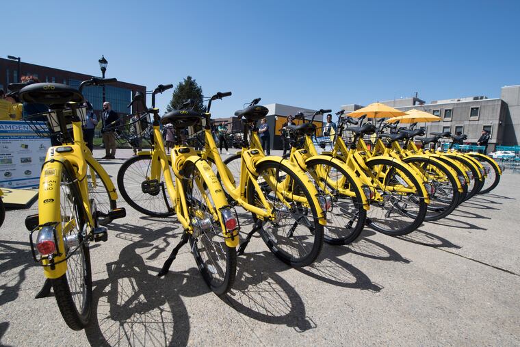 New OFO rental bikes are shown at Roosevelt the Plaza Park in N. 5th Street Camden, N.J. Tuesday, May 1, 2018. Camden's new bike-share program debuts Tuesday with 200 bicycles available for riders to take for a spin for as little as $1 an hour. JOSE F. MORENO / Staff Photographer