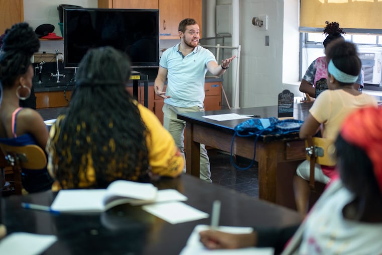 Amit Schwalb is a science teacher at W.B. Saul. In this photo, he's teaching at Science for Kids workshops on the campus of Swarthmore College on Monday, July 15, 2019, in Swarthmore, Pa.