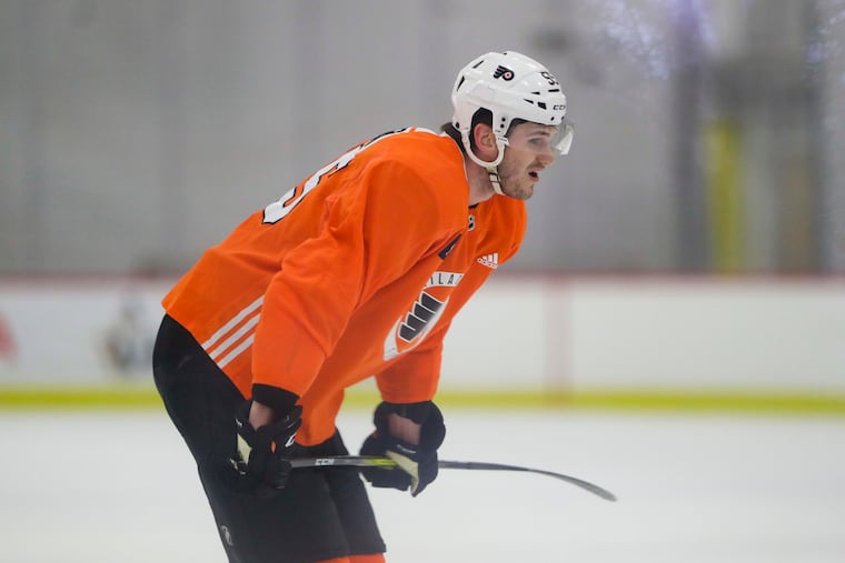 Flyers left winger Samuel Morin on the ice during training camp. He is trying to switch positions after being a defenseman during his career.