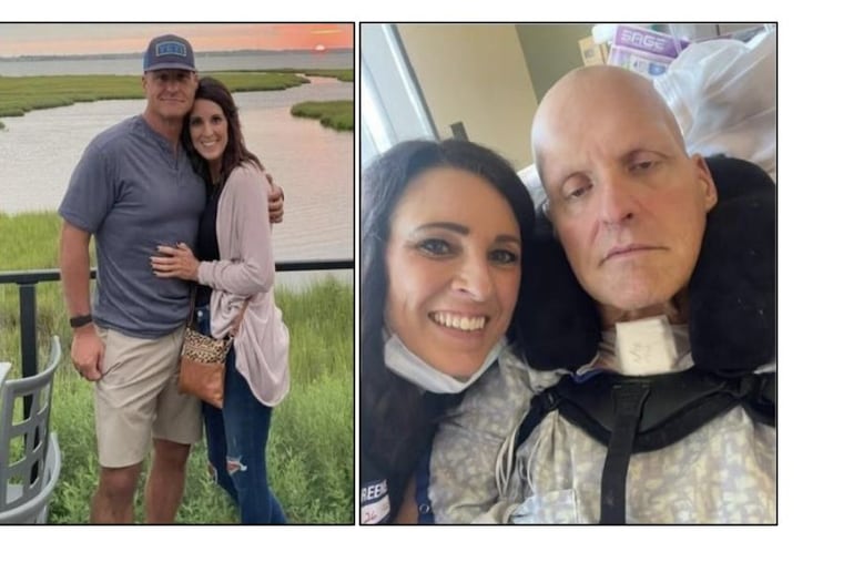 Heath Wilson and his partner, Susan Cotrill, before and after his June 2022 accident.