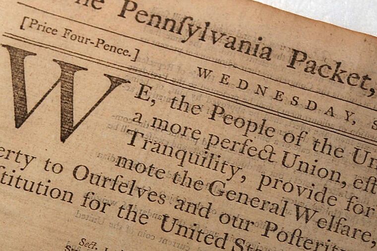 NCDOCUMENT29aTG - 47213 - 05/13/03 - 1 of 3 Photos by Tom Gralish w/Dawn Fallik story: The NCC won't have a real constitution in it. Instead they'll get an original printing of the Sept. 19, 1787 printing of the Pennsylvania Packet. Paper conservator Seoyoon Choi is working on the document at Conservation Center for Art and Historic Artifacts on south 23rd street.