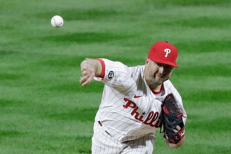 Phillies reliever Brandon Kintzler got a critical double play in the fourth inning Monday night, his first appearance for the team.