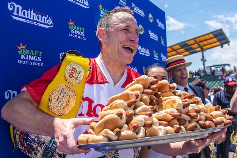Joey Chestnut, winner of the 2021 Nathan's Famous Fourth of July International Hot Dog-Eating Contest on Coney Island in 2021. He also won last year's contest.