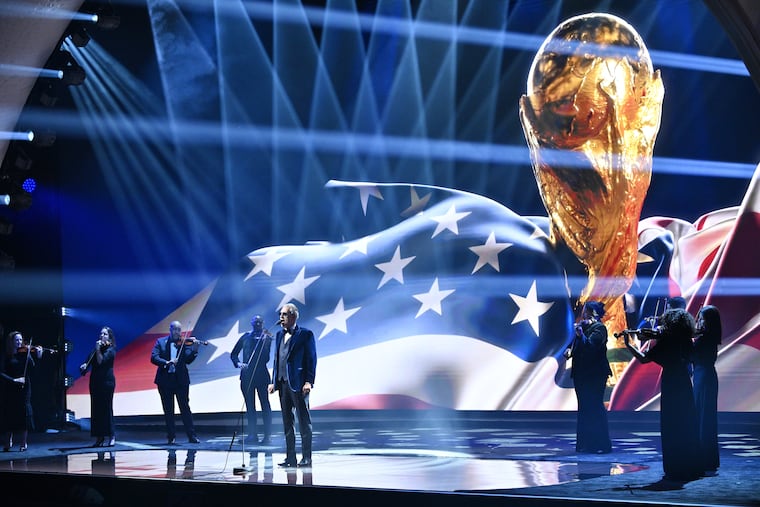 Singer Andrea Bocelli performs at the draw for the 2026 soccer World Cup at the Kennedy Center in Washington, D.C. on Friday.