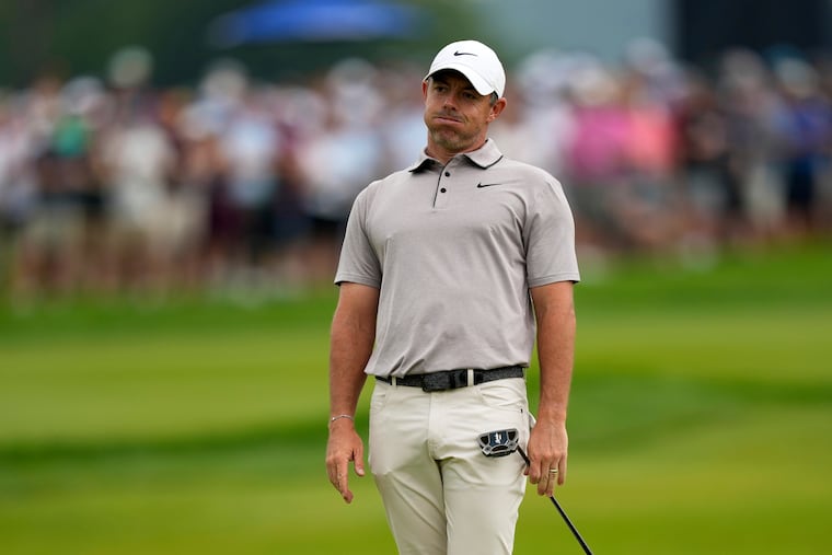 Rory McIlroy, of Northern Ireland, reacts after missing a putt on the eighth hole during the third round of the U.S. Open golf tournament at Oakmont Country Club on June 14.