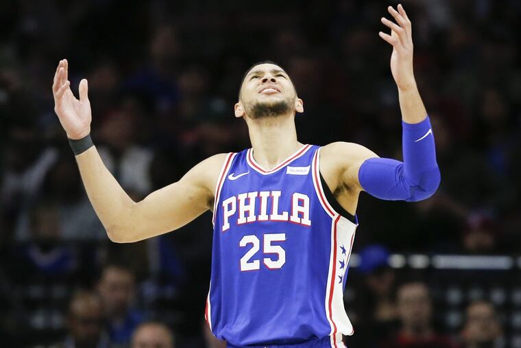 Sixers guard Ben Simmons reacts to a foul call against the Toronto Raptors on Thursday, December 21, 2017 in Philadelphia.