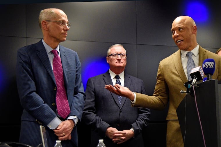 School Superintendent William Hite (right) addressees a Health Department press conference at the Fire Department's Emergency Operations Center Mar. 12, 2020 to update the City's response to COVID-19 novel coronavirus in Philadelphia. Mayor Kenney is at center and Thomas Farley, Health Commissioner, Philadelphia Department of Public Health, is at left.