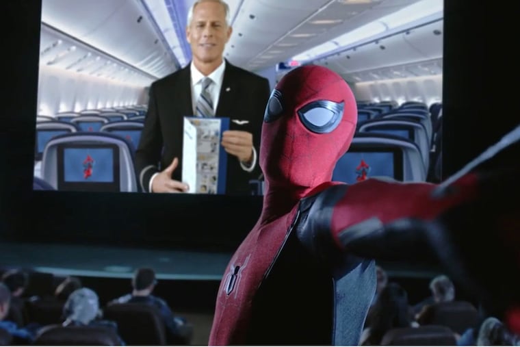 An image from United Airlines' new safety video featuring Spider-Man.