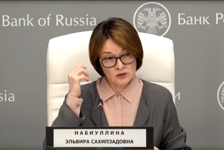 In this photo taken from a video provided by the Central Bank of Russia press service, Central Bank Governor Elvira Nabiullina holds a regular press conference following a board meeting in Moscow, Russia, on Friday, July 24, 2026.
