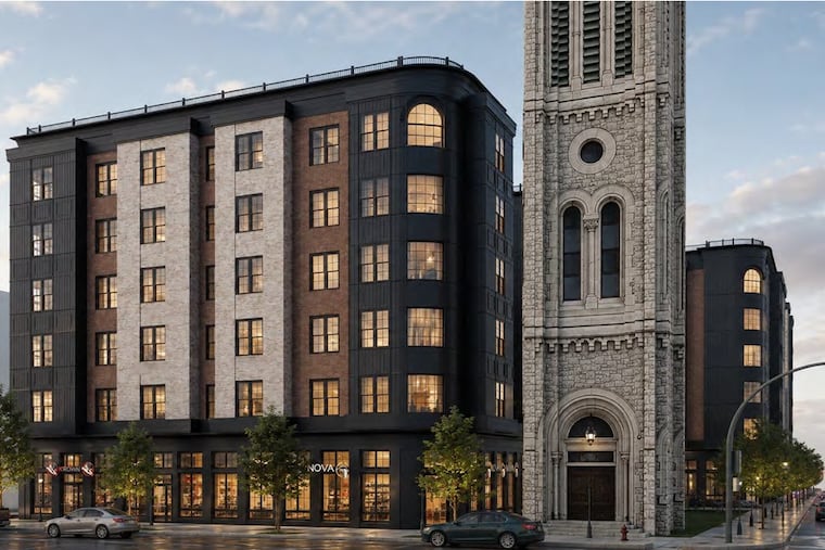 A rendering of part of the 215-unit Cathedral Yards proposal at 5140 Lancaster Ave. The design incorporates the Greater Bible Way bell tower.