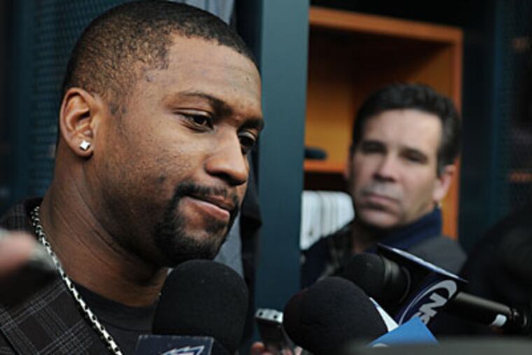 Sheldon Brown talks with the media prior to cleaning out his locker yesterday. (Sarah J. Glover/Staff Photographer)