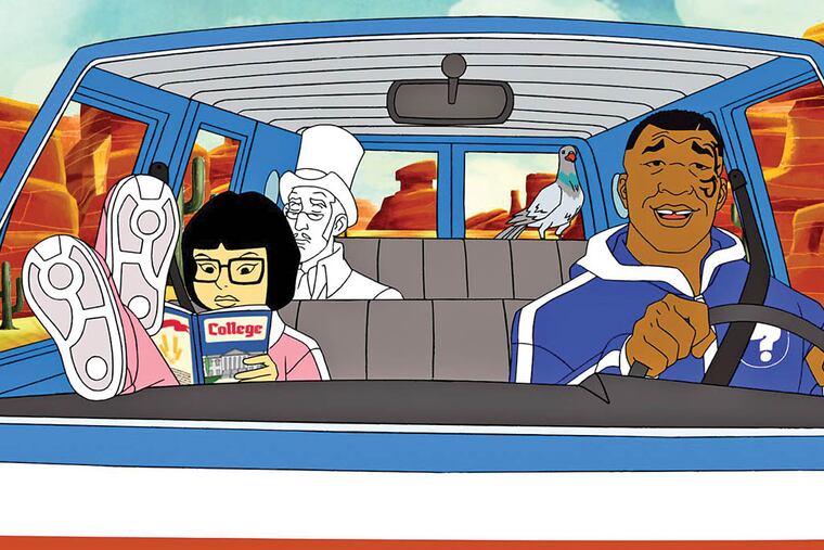 An animated Mike Tyson and sidekicks in a frame from the debut of "Mike Tyson Mysteries" on Adult Swim