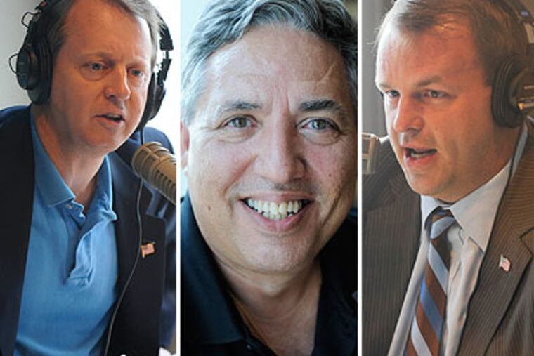 U.S. Rep. John Adler (left), third-party candidate Peter DeStefano and Republican challenger Jon Runyan (right). (File photos)