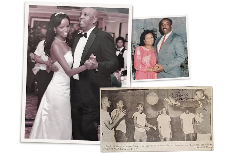 Inquirer columnist Jenice Armstrong, left, with her father, the late McKinley J.H. Armstrong. Her father, top right, poses with his wife of 53 years. A news clipping shows Armstrong during his early days of coaching and mentoring youngsters.