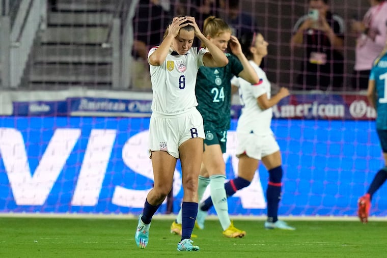 U.S. right back Sofia Huerta reacts after missing a shot during the first half.