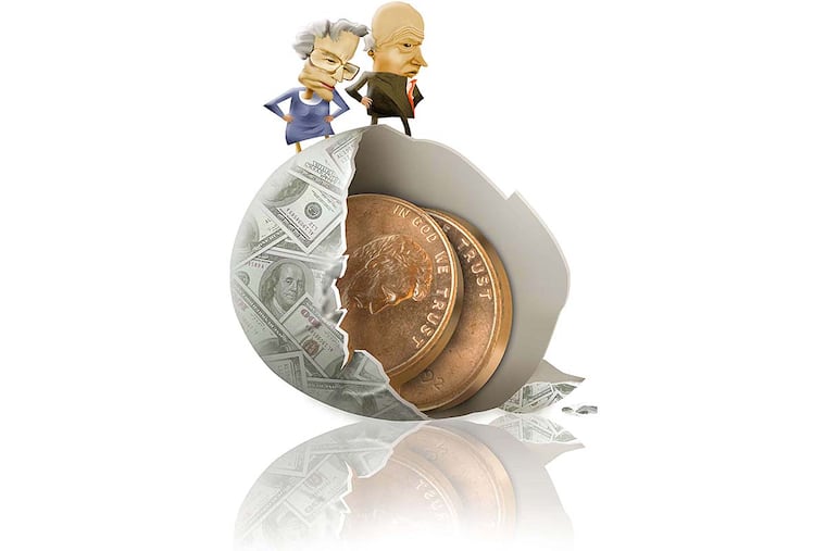 300 dpi Rick Nease color illustration of elderly couple standing on top of their broken nest egg revealing only two large pennies inside. Detroit Free Press 2008<p>
boomer retirement illustration baby nest egg savings pennies penny money benjamin franklin older old age aging, investment services, krtfinancialservice financial services, krtnamer north america, krtpersonalfinance personal finance, krtusbusiness, personal investing 04000000, FIN, krtbusiness business, krtnational national, krt, mctillustration, 04006010, 04006022, u.s. us united states, 2008, krt2008, de contributed coddington nease mct mct2008