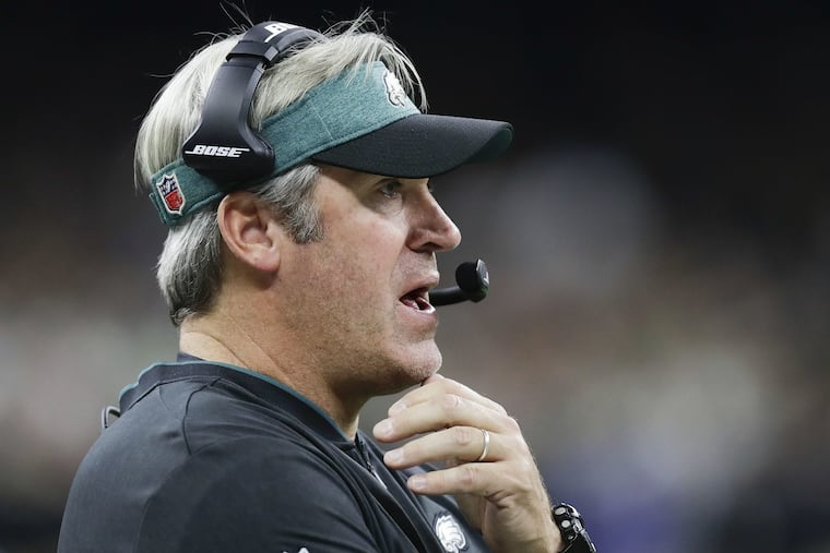 Eagles head coach Doug Pederson against the New Orleans Saints on Sunday, November 18, 2018 in New Orleans. YONG KIM / Staff Photographer