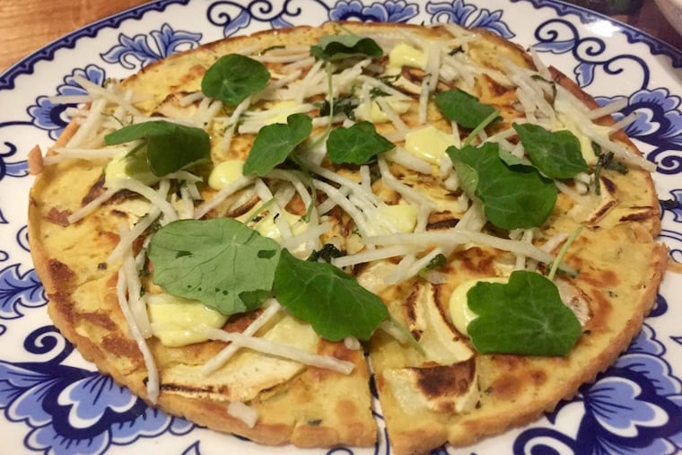Chickpea pancake with artichokes from Jose Garces’ 24 Wood Fired Fare at 2401 Walnut St.