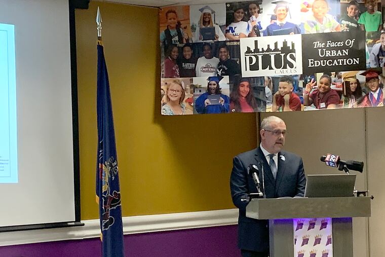 Norristown Superintendent Christopher Dormer calls for more school funding during a news conference at Upper Darby High School on Tuesday. The press conference was one of a number of events held across the state by the Pennsylvania League of Urban Schools.