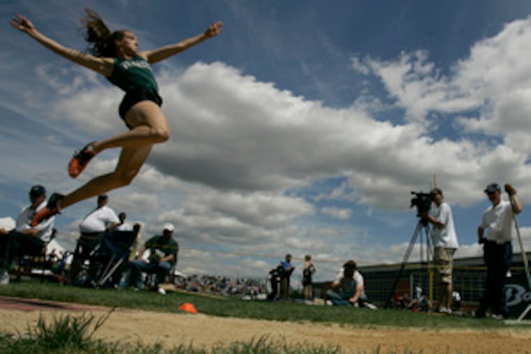 Methacton's Ryann Krais won the girls' AAA long jump with a leap of 19 feet, 2 inches. She also won the high jump at 5-5 and broke her own meet record in a 100-meter hurdles preliminary.