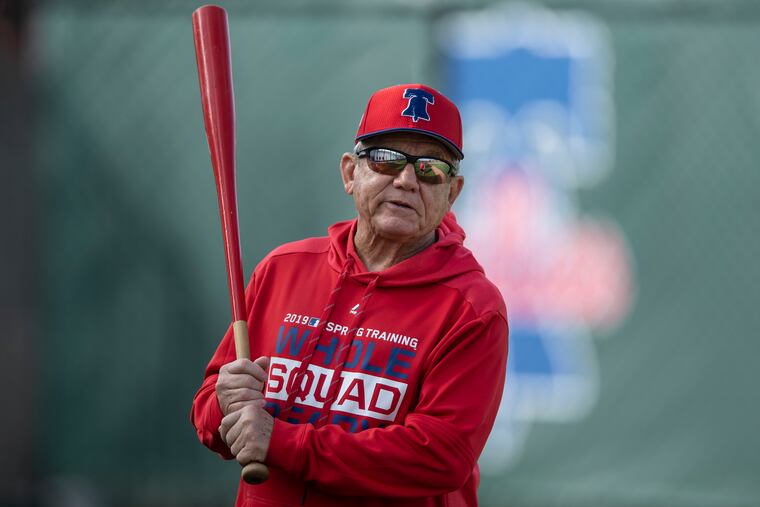 Larry Bowa holds a bat during spring training in 2019.