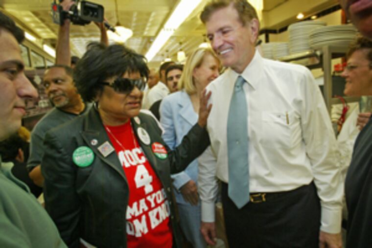 Councilwoman Jannie Blackwell (left) with candidate Tom Knox yesterday at Famous Deli. The two forged an alliance after Knox endorsed Blackwell for Council president.