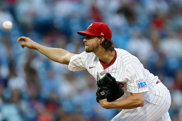 Phillies pitcher Aaron Nola threw six scoreless innings against the Mets.