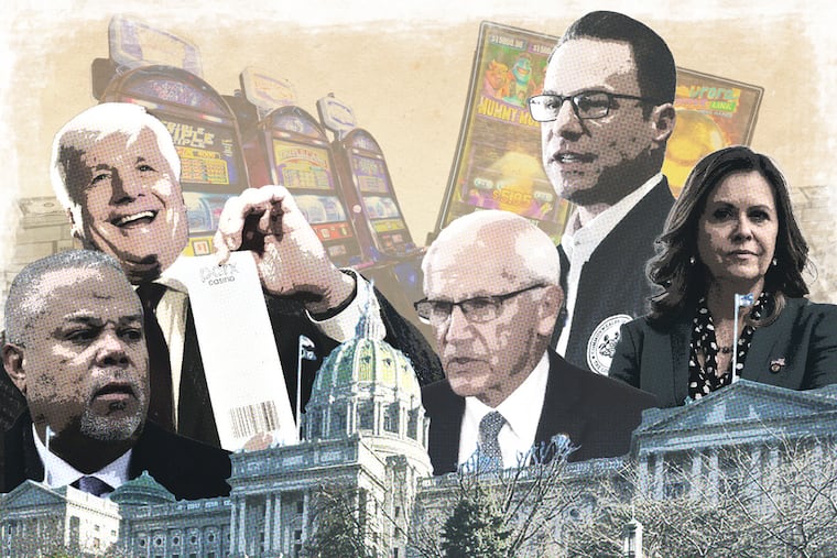 From left to right: State Sen. Anthony H. Williams (D., Philadelphia), former State Sen. Tommy Tomlinson (R., Bucks), State Sen. Gene Yaw (R., Lycoming), Democratic Gov. Josh Shapiro, and State Sen. Camera Bartolotta (R., Washington).
