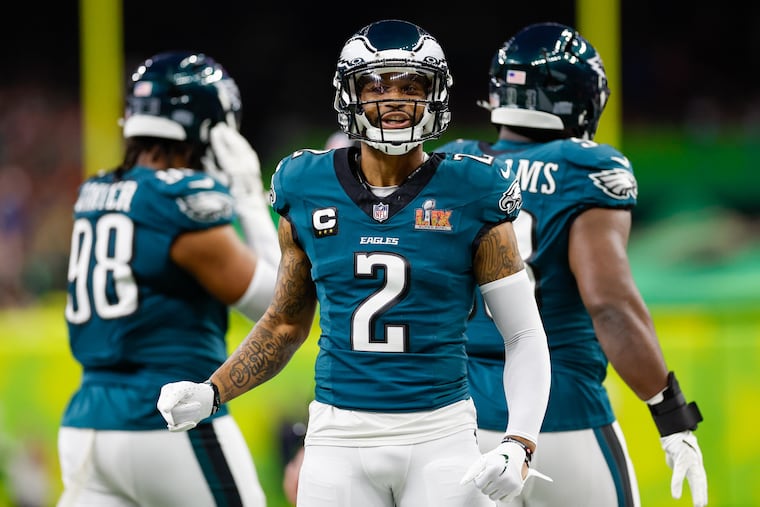 Cornerback Darius Slay Jr. celebrates a stop against the Kansas City Chiefs during the first quarter of Super Bowl LIX. He signed with the Pittsburgh Steelers in the offseason after being released by the Eagles.