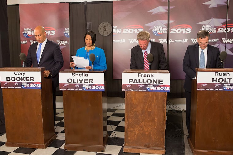 From left, Newark Mayor Cory Booker, Assembly Speaker Sheila Oliver, U.S. Rep. Frank Pallone, and U.S. Rep. Rush Holt, wait to begin the Democratic debate at WBGO studio in Newark on Thursday. (Frank H. Conlon / for the Star-Ledger)