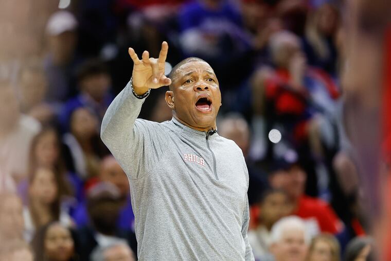 Sixers Head Coach Doc Rivers signals to his team against the Brooklyn Nets during game one of the first round in the Eastern Conference playoffs on Saturday, April 15, 2023 in Philadelphia.